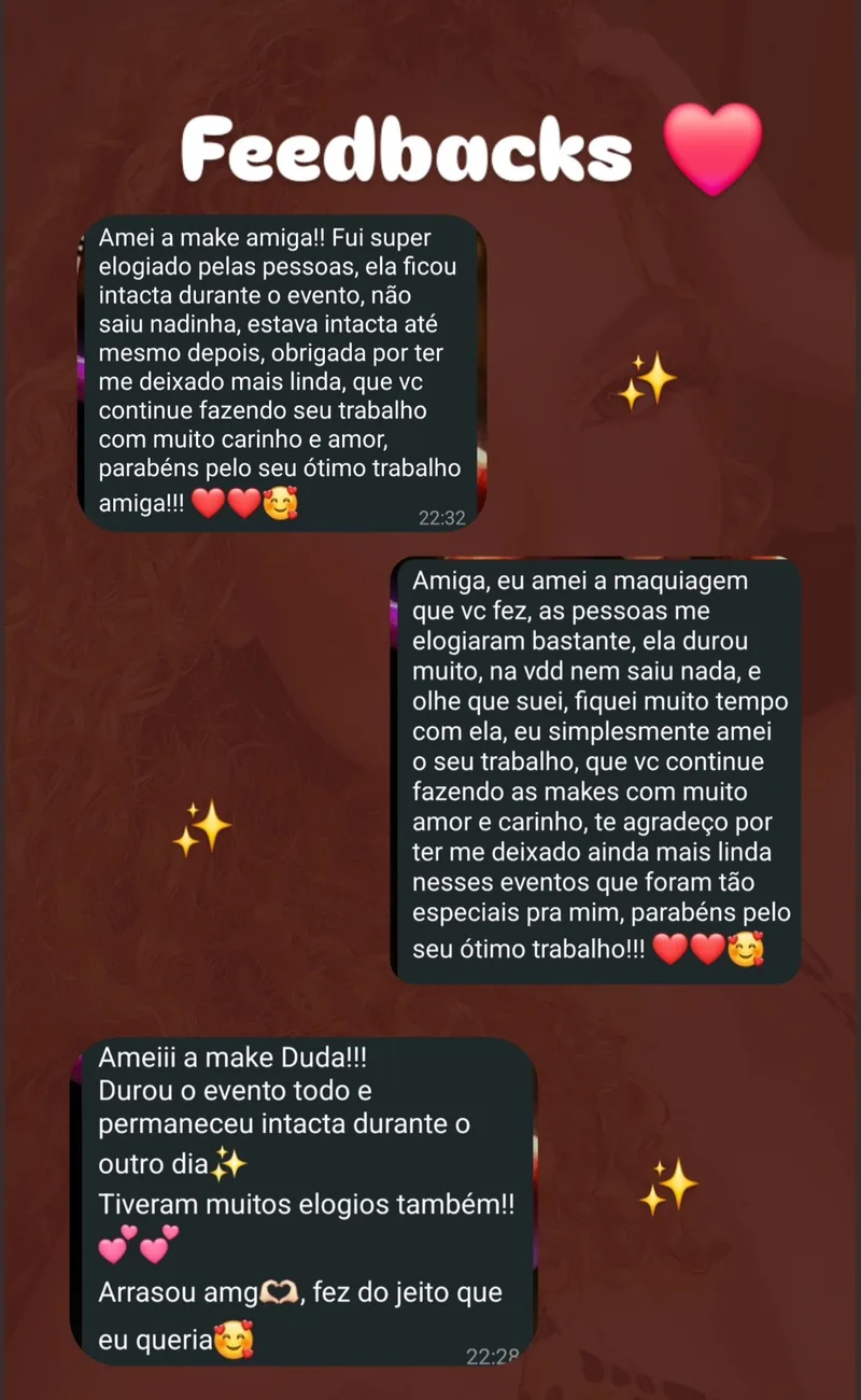 Feedback de cliente satisfeita com a maquiagem feita pela Duda.